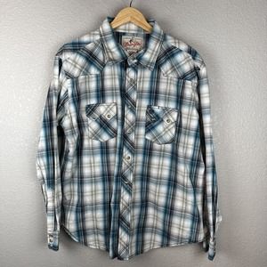 Vintage Wrangler Mens Western Pearl Snap Shirt XL Blue White Plaid Cotton